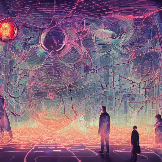 Image similar to a malevolent digital intelligence, portrait of a digital consciousness, glowing digital runes, panicked scientists in the background, brutalism, futurism, rhads!!!, james gurney, ( art fitzpatrick ), ( asaf hanuka ), ( ( barclay shaw ) ), ominous, saturday morning cartoon, clean linework, western animation