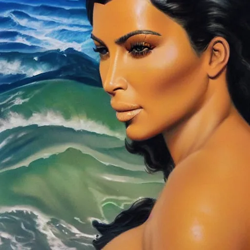 Prompt: ultra realistic portrait painting of kim kardashian in ocean's 8, art by frank frazetta, 4 k, ultra realistic, highly detailed, epic lighting.