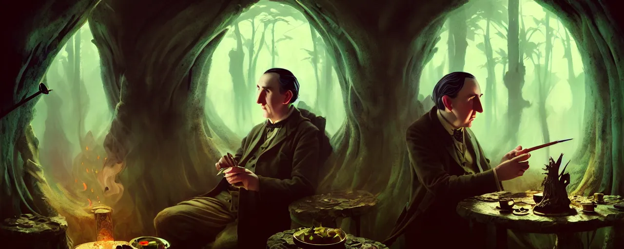 Image similar to duotone concept illustration 3 / 4 portrait of jrr tolkien in hobbit house smoking pipe rustical style. cinematic volumentric lighting. accidental renaissance. by sachin teng and sergey kolesov and ruan jia and heng z. graffiti art, scifi, fantasy, hyper detailed. octane render. concept art. trending on artstation