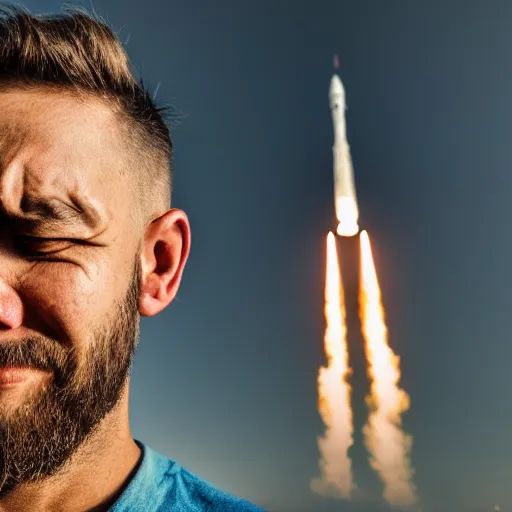 Image similar to a portrait of a man who is covering his ears from a loud rocket launch behind him, 4 k, photography