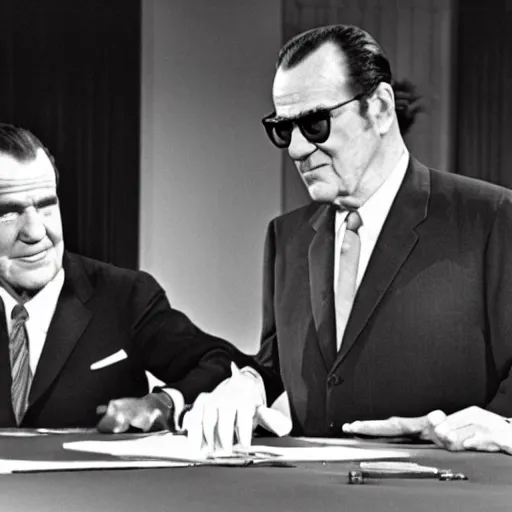 Prompt: presidential debate between waluigi and richard nixon, 1 9 6 0, still, photograph, photo, black and white