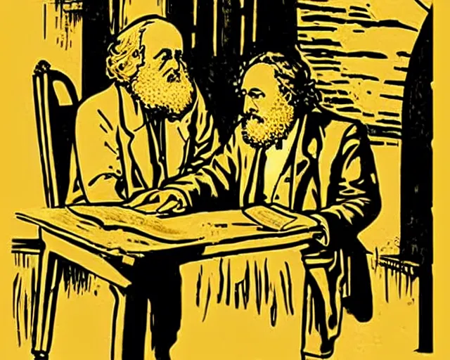 Prompt: karl marx chatting with aristotle in a bar, nighttime, noir, golden lights, calm feeling