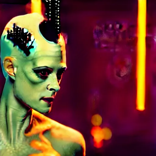 Prompt: cinematic portrait of kristen mcmenamy as bride of frankenstein as a replicant in a busy nightclub, surprised, still from the movie ex machina, fashion photography, a sign is in the background, 8 k, high detail, face in focus