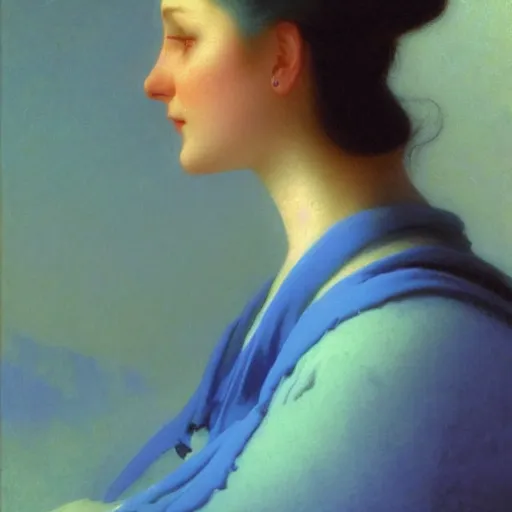 Prompt: a young woman's face, her hair is white and she wears an indigo blue satin cloak, by ivan aivazovsky and syd mead and moebius and gaston bussiere and roger dean and pieter claesz and paul delaroche and alma tadema and aelbert cuyp and willam claesz, hyperrealistic, volumetric light, octane render