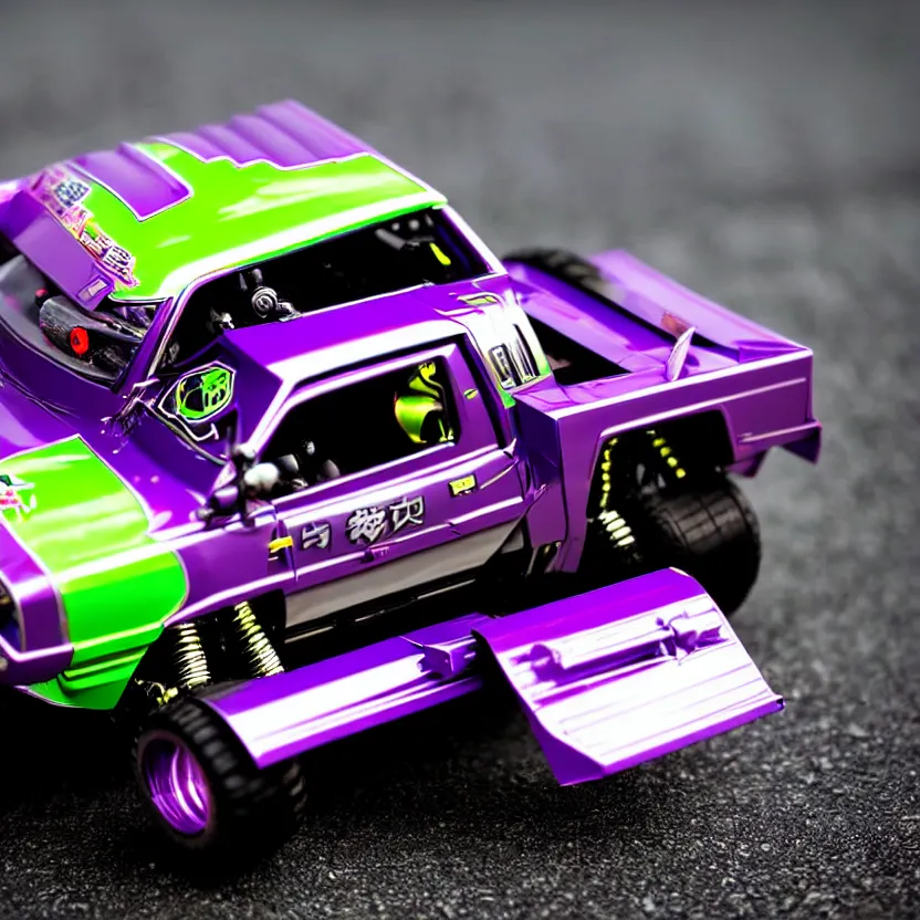 Image similar to close-up JZX100 twin turbo drift jet engine monster truck drag racer cowboy Cadillac hover-car UFO in the road, Tokyo prefecture, Japanese architecture, city sunset mist lights, cinematic lighting, photorealistic, detailed alloy wheels, highly detailed purple green snake oil wacky races power ranger bat-mobile transformer car