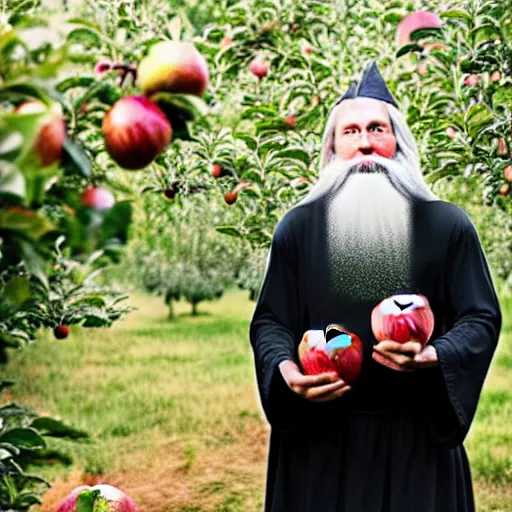 Prompt: beautiful professional photograph of a wizard with a very long white beard, creating, making, brewing, potions, elixirs, potions, in an apple orchard