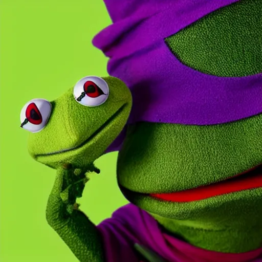 Prompt: portrait of kermit the frog, high fashion photography, looking strong, artistic, studio, coloured background, hippie, looking into the camera, cool, commercial, high quality, epic lighting, amazing, iconic