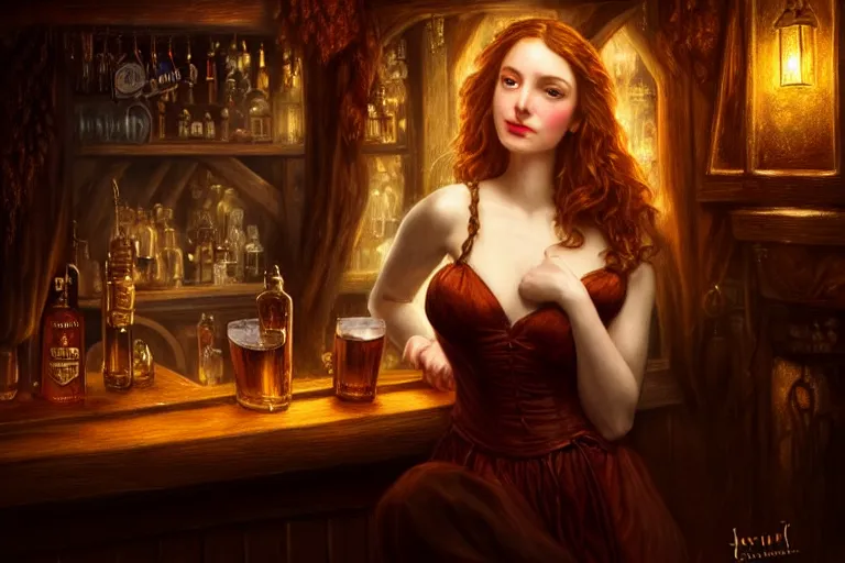 Image similar to a beautiful barmaid, dimly lit cozy tavern, relaxed pose, fantasy, intricate, elegant, dramatic lighting, emotionally evoking symbolic metaphor, highly detailed, lifelike, photorealistic, digital painting, artstation, concept art, smooth, sharp focus, illustration, art by John Collier and Albert Aublet and Krenz Cushart and Artem Demura and Alphonse Mucha, perfect facial symmetry