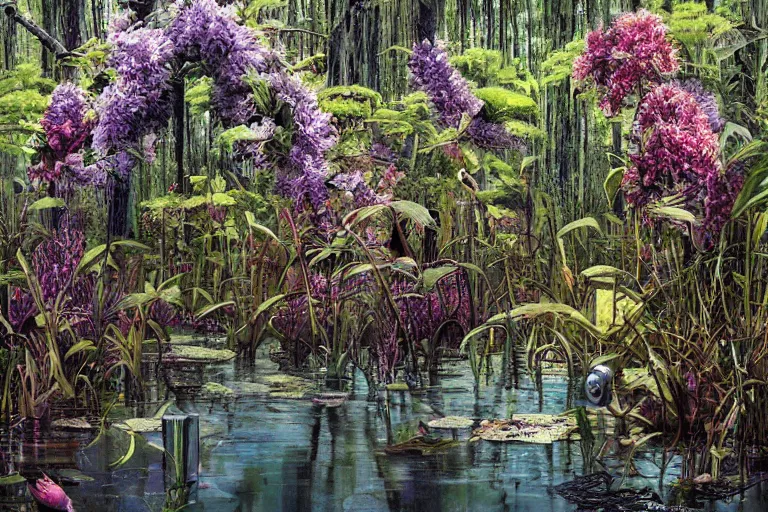 Image similar to hyperrealism, scene from louisiana swamps, starship, spring blooming flowers garden, true detective, 8 0 s japanese sci - fi books art