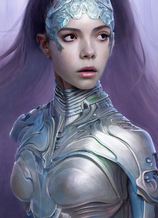 Image similar to a professional painting of a beautiful young female alien, clothed in ethereal armor, olive skin, long dark hair, beautiful bone structure, symmetrical facial features, intricate, elegant, digital painting, concept art, smooth, sharp focus, illustration, from Valerian and the City of a Thousand Planets, by Ruan Jia and Mandy Jurgens and Artgerm and William-Adolphe Bouguerea