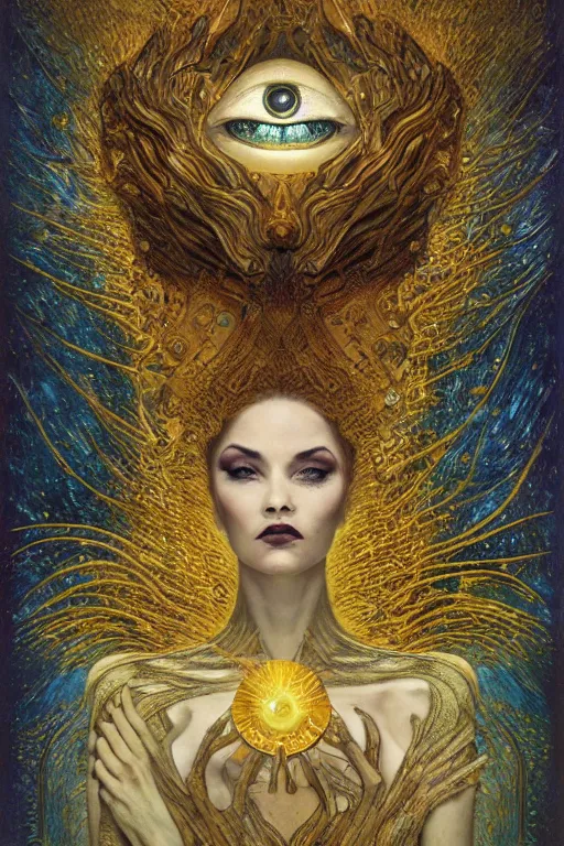 Prompt: Intermittent Chance of Chaos Muse by Karol Bak, Jean Deville, Gustav Klimt, and Vincent Van Gogh, enigma, destiny, fate, inspiration, muse, otherworldly, fractal structures, arcane, ornate gilded medieval icon, third eye, spirals