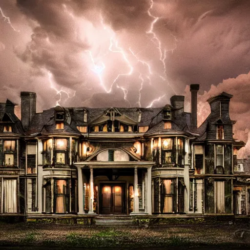 Prompt: a real photo taxidermized horror mansion, in a lighting storm, portrait, 4 k, 8 0 mm,