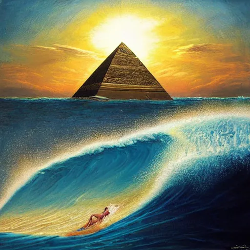 Image similar to hyper realistic detailed painting of tutankhamun surfing a big wave in the ocean next to a sunny beach with a pyramid with the all seeing eye by Andrei Tarkovsky, Adrian ghenie, Storm, Thorgerson, pastel colors, cinematic. Bekinski painting, masterpiece