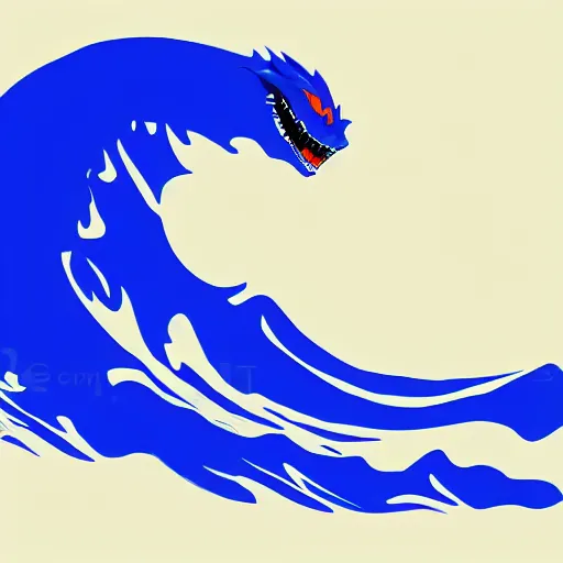 Image similar to a blue water wave in the silhouette shape of Godzilla, cartoon drawing