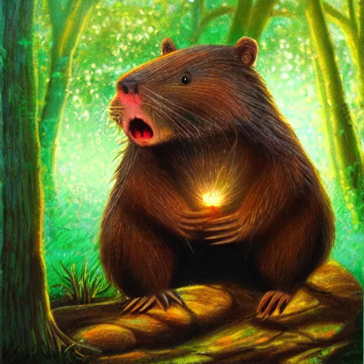 Prompt: a very angry beaver, magical woodland setting, fancy lighting