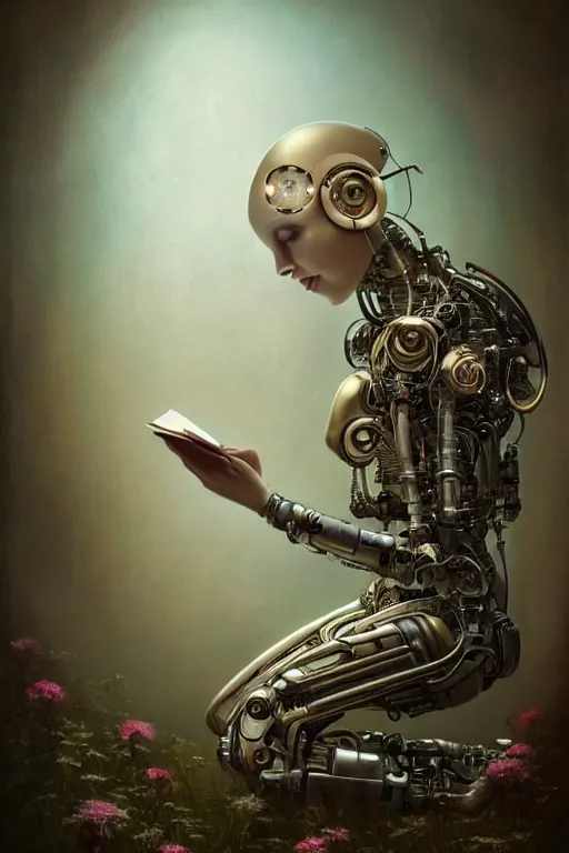 Image similar to a beautiful intricate fine art portrait photo of a happy futuristic cybernetic cyborg reading a letter, by tom bagshaw and anna dittman, perfection!, studio lighting, golden ratio composition, 5 0 mm lens, bionic robot overgrown with flowers, cybernetic scifi, deep depth of field, artstation, 8 k