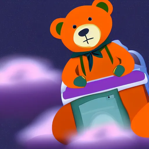 Image similar to cartoon animated bear wearing clothes being launched out of a futuristic machine into a purple and orange cloud land