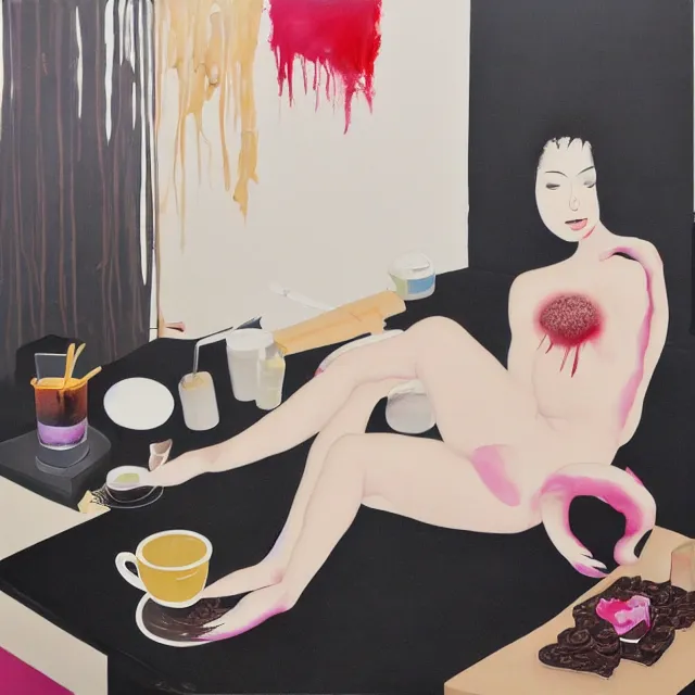 Image similar to sensual, a portrait in a female art student's bedroom, black walls, a woman drinking iced latte, pancakes, maple syrup dripping, chocolate, surgical supplies, ikebana, octopus, neo - expressionism, surrealism, acrylic and spray paint and oilstick on canvas