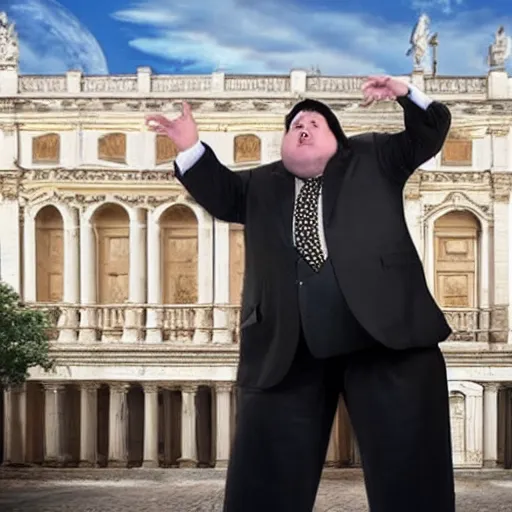 Image similar to fat politician with big stomch is draining souls of innocent peoples in baroque style