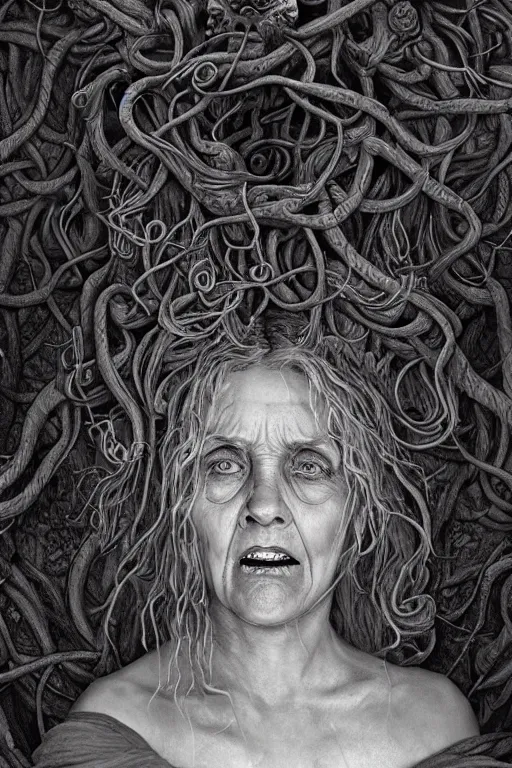 Image similar to realistic portrait beautiful detailed matte painting of cinematic movie scene a crazed old woman with long white hair, tentacles, thorns, vines, horror, created by gustave dore and greg rutkowski, high detailed, smooth draw, synthwave neon retro, intricate, realistic proportions, dramatic lighting, trending on artstation.