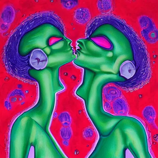 Image similar to expressive painting by francesca sundsten of two bizarre psychedelic femme creatures kissing each other closeup. they are part of an alien landscape. speculative evolution, exobiology