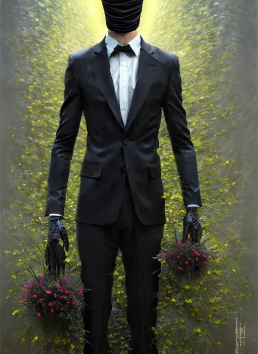 Prompt: an man in a black suit with a flowery shrub instead of a head, intricate, highly detailed, concept art, hyperrealistic, oil painting by greg staples, 8 k