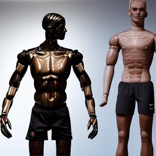 Image similar to a realistic detailed photo of a guy who is an attractive humanoid who is half robot and half humanoid, who is a male android, attractive and handsome soccer players, shiny skin, posing like a statue, blank stare, in a factory, on display, showing off his muscles, wearing soccer shorts, side view, looking at each other mindlessly