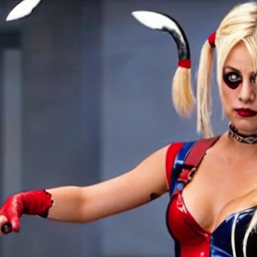 Image similar to A still of Kaley Cuoco as Harley Quinn, full-figure