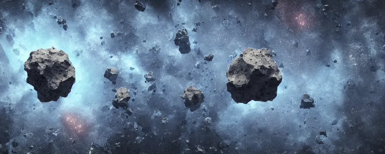 Image similar to movie still, asteroid with many hexagonal holes, unreal engine, octane render, detailed and intricate, global illumination, volumetric lighting, hubble telescope images, james webb telescope images, houdini fluid simulation, detailed and intricate environment