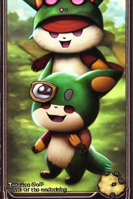 Image similar to teemo, a pokemon trading card of teemo, high detail pokemon trading card scan