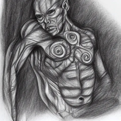 Prompt: a flesh creature with veins and eyes, pencil sketch