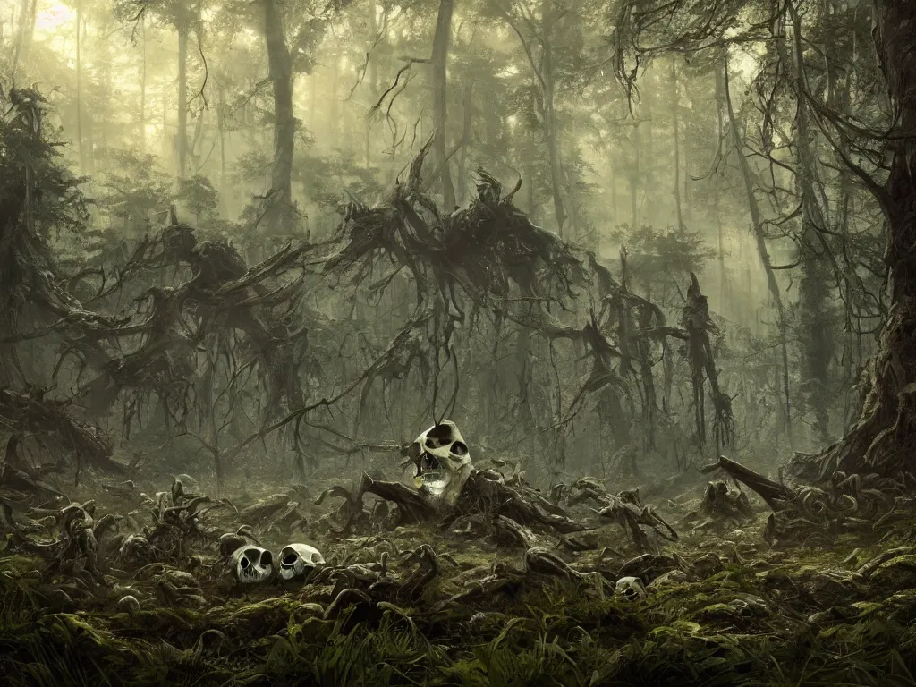 Image similar to skulls of long gone monsters cover the forest floor, digital art by Greg Rutkowski, trending on artstation, octane render, 4k wallpaper, sunlight, volumetrics