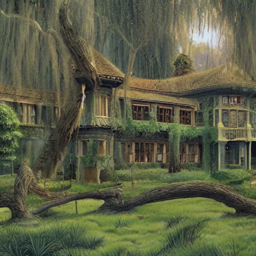 Image similar to mansion in a willow tree grove, Darrell K Sweet, artstation