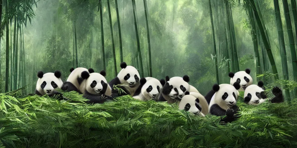 Image similar to a group of pandas doing research and scientific experiments on a spaceship crash site in a bamboo forest at daytime, matte painting, trending on artstation