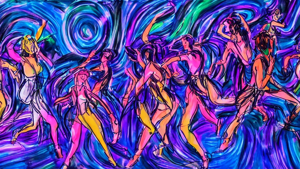 Image similar to a group of 5 people people seen from the front dancing together with colorful spirits wrapping around people tangling in luminous spirals, dark blue and intense purple color palette, in the style of yoshiyuki tomino