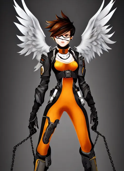 Image similar to full body artwork of tracer overwatch wearing leather collar, angel wings, dramatic painting, symmetrical composition, wearing detailed leather collar, black shiny armor, chains, black harness, detailed face and eyes,