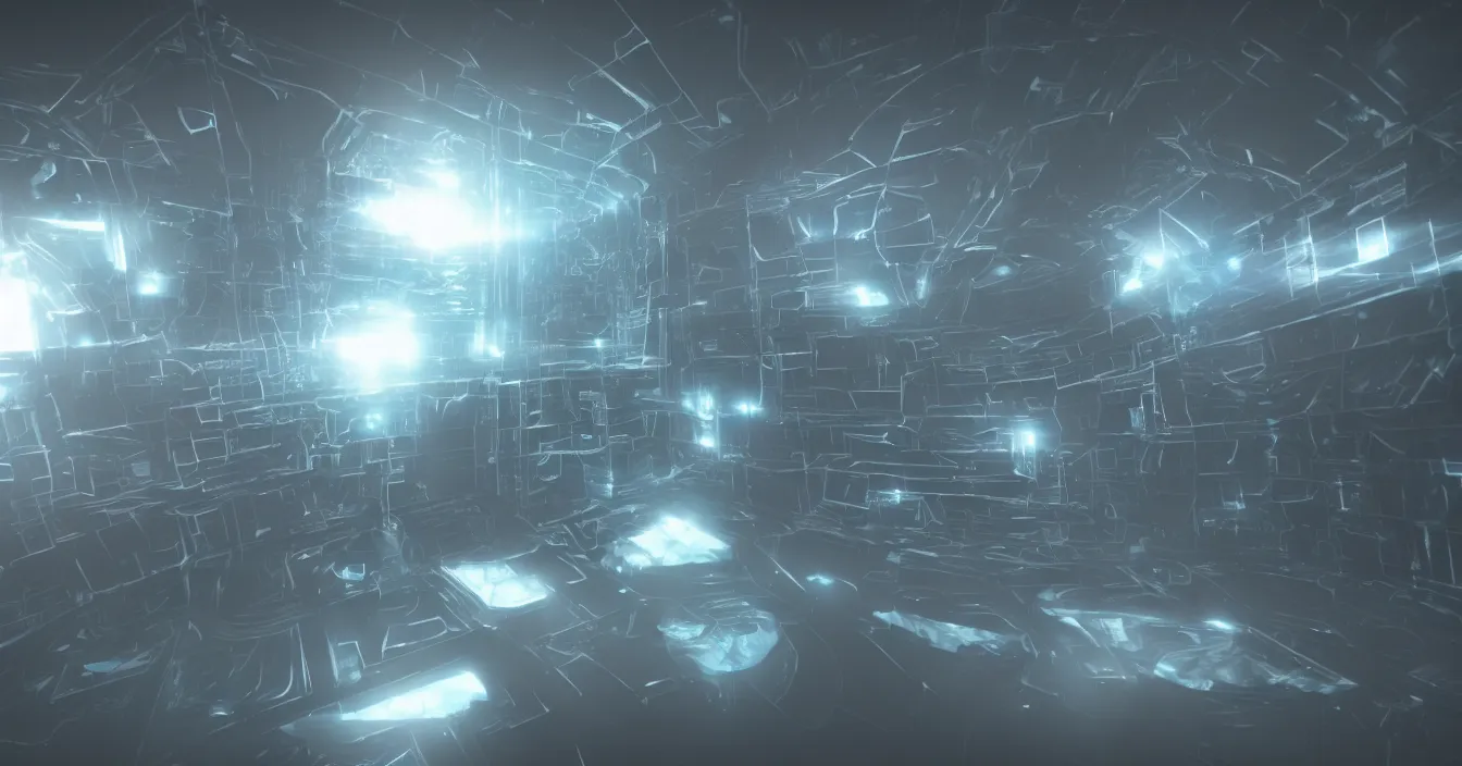 Prompt: Scifi concept art of glass tesseract, difraction from back light, defocused background with dark room, volumetry scattering, rendered in Unreal Engine