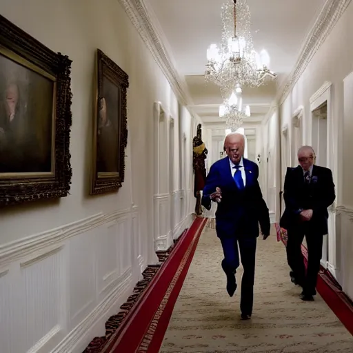 Image similar to detailed Joe Biden running away through the halls of the White House, zombies following him in the background