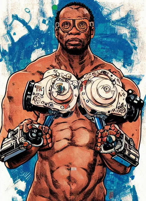 Image similar to chidi igwe. buff cyberpunk weight lifter. robotic arm. portrait illustration, pop art, splash painting, art by geof darrow, ashley wood, alphonse mucha, makoto shinkai ( apex legends )