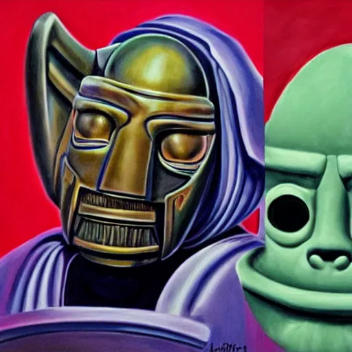 Image similar to beautiful lifelike painting of mf doom knowing what time it is like its time for teletubbies, hyperreal detailed facial features and uv lighting, art by ed roth and basil wolverton