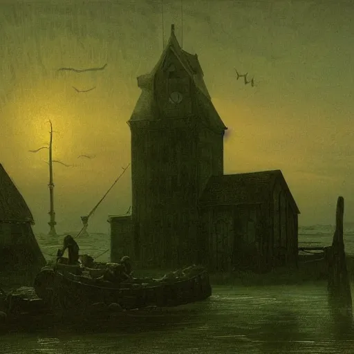 Image similar to innsmouth, wanderer, fishpeople, fishing town, church, night, dramatic light, lovecraft, painted by caspar david friedrich