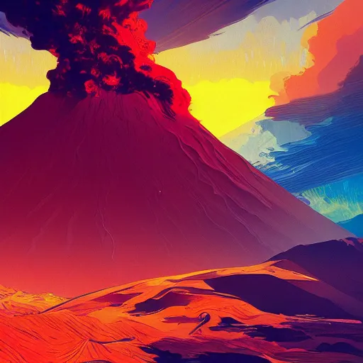 Prompt: volcano eruption, plumes of smoke and ash, rays of sunlight, dramatic lighting, dynamic view, by anton fadeev, alena aenami, vincent van gogh, digital art, concept art, vibrant, colorful, trending on artstation