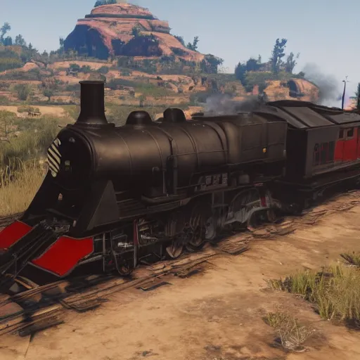 Image similar to futuristic sleek steam locomotive in red dead redemption 2