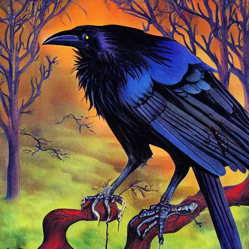 Image similar to fantasy painting of a raven by dr seuss | horror themed | creepy