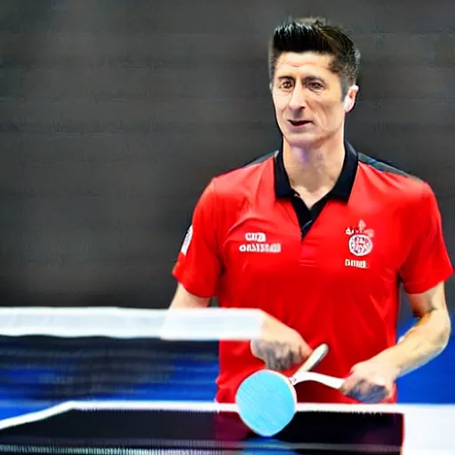 Prompt: Robert Lewandowski playing table tennis on a tournament, table tennis racquet in his hand, high quality news photography