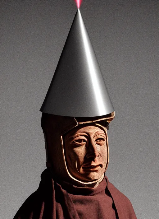 Image similar to realistic photo portrait of a a scientist ritual monk medieval clerical sculpture cone hat helmet made of wood, with plastic details detailed, covered in tesla electricity laser beam aura, sci - fi, greyscale 1 9 9 0, life magazine photo, natural colors,