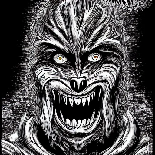 Prompt: werewolf in the style of Junji Ito and HR Giger