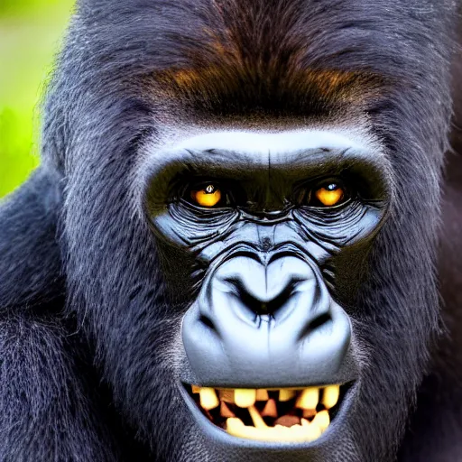 Image similar to amazing portrait of smile gorilla, 1 0 0 mm, natural lighting, hyper realistic