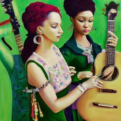Image similar to a highly detailed painting. Beautiful twin sisters are being looked at by the musician Prince. He is green with jealousy. Trending on Artstation.