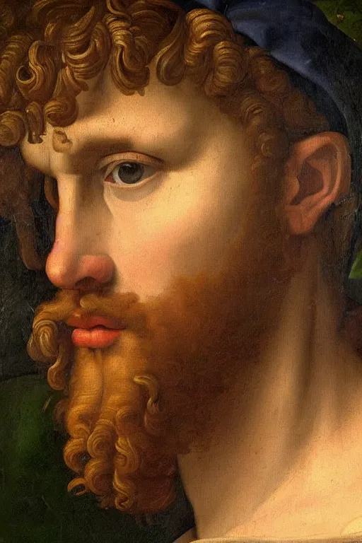 Image similar to renaissance painting of man, portrait, suspicious face closeup, emotions closeup, dressed in roman clothes, the beautiful garden with blueberries bushes everywhere, ultra detailed, art by guido reni style, vincenzo catena style